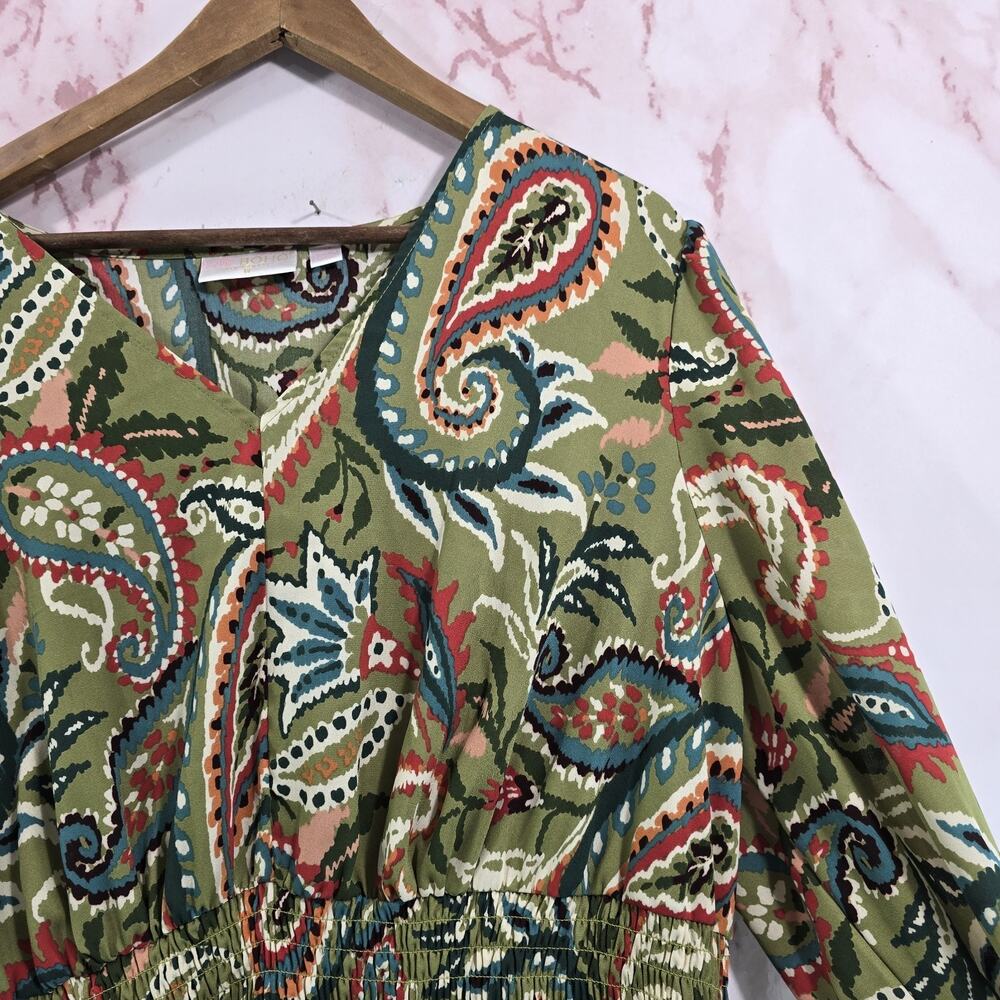 Belle By Kim Gravel Dress Womens 2X P Green Paisley Boho V Neck Balloon Sleeve - Picture 10 of 11